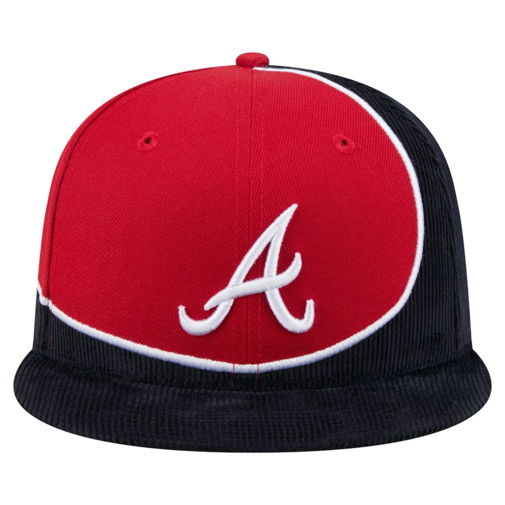 Atlanta Braves Retro Split Corduroy Snapback Hat Navy/Red | New Era