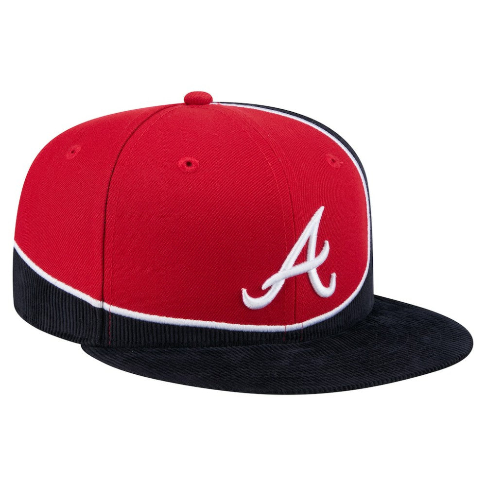 Atlanta Braves Retro Split Corduroy Snapback Hat Navy/Red | New Era