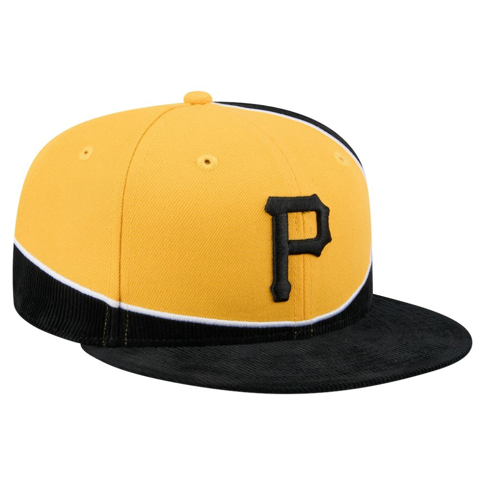 Pittsburgh Pirates Retro Split Corduroy Snapback Hat Black/Gold | New Era