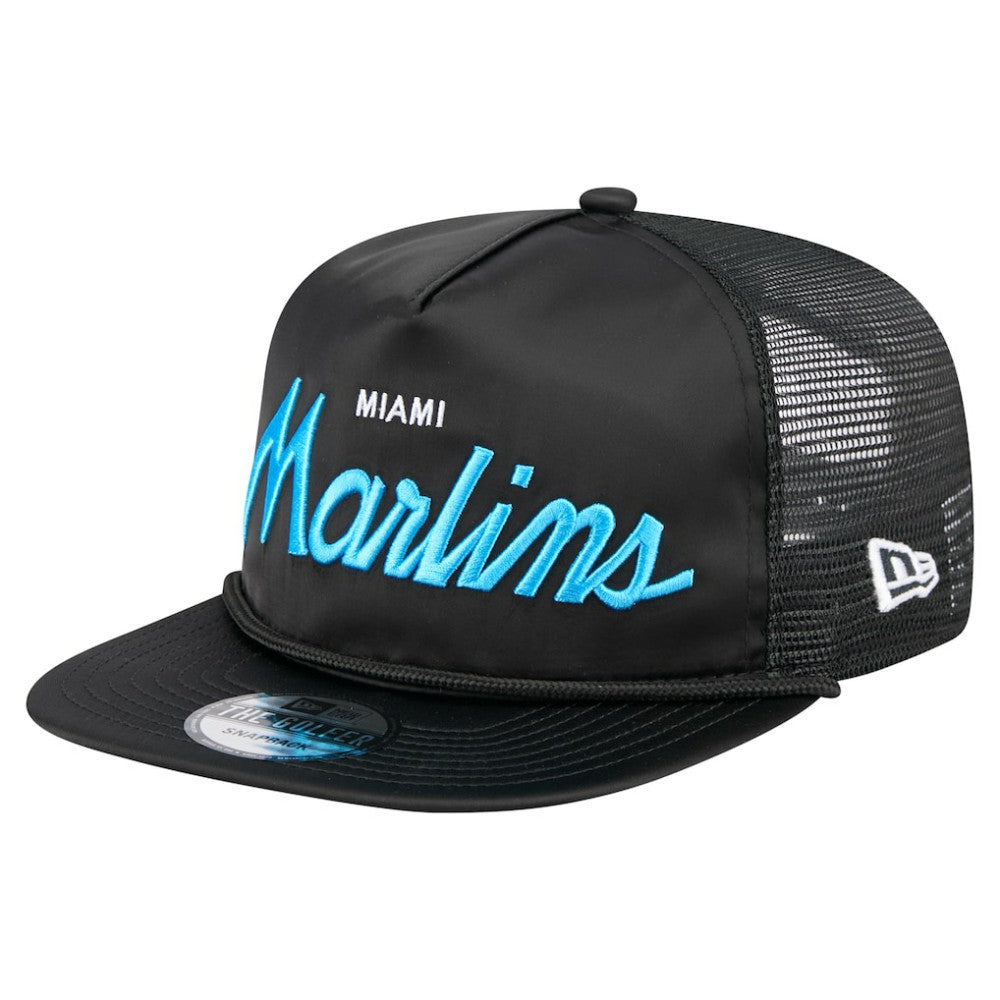 Miami Marlins Retro Satin Script Golfer Adjustable Hat Black | New Era