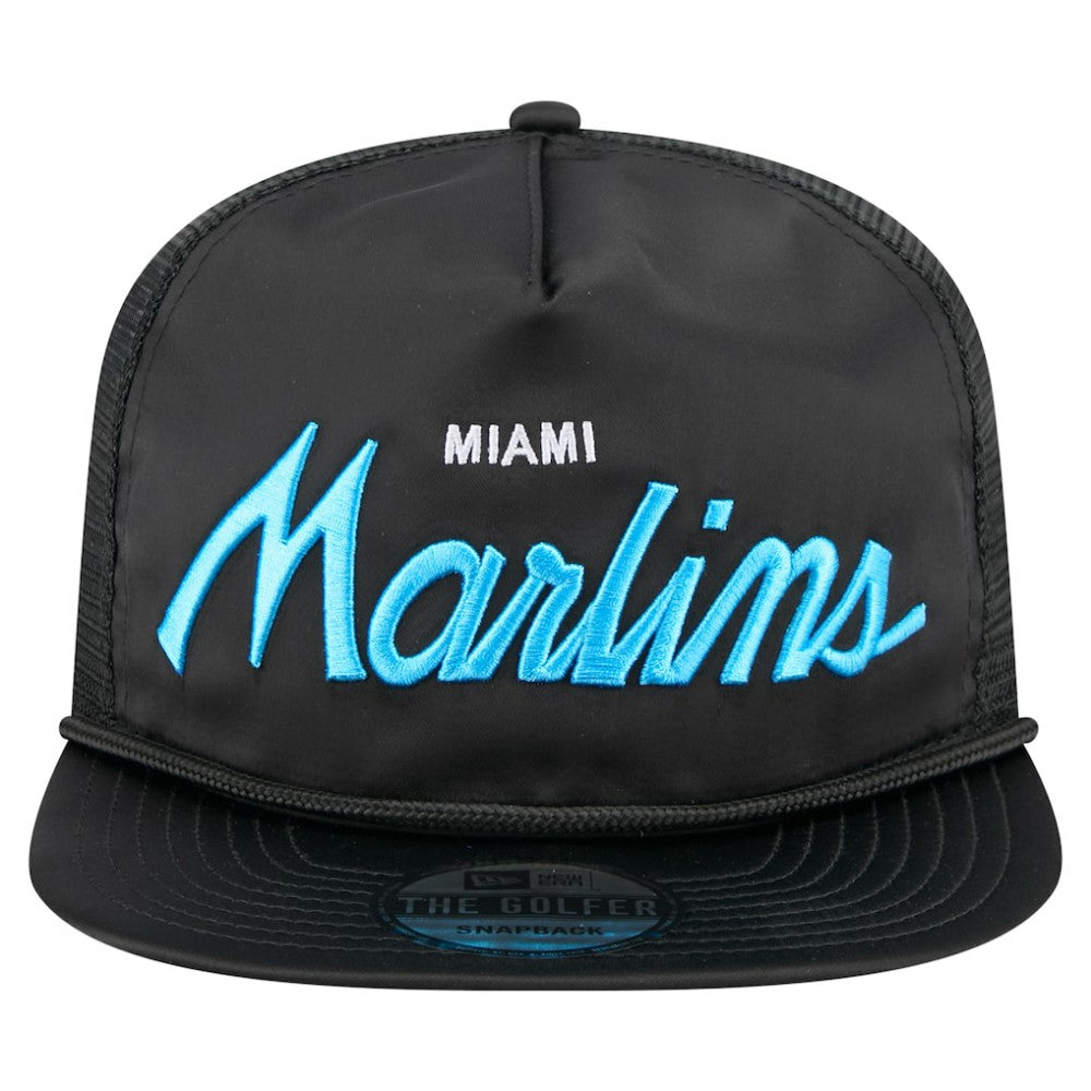 Miami Marlins Retro Satin Script Golfer Adjustable Hat Black | New Era