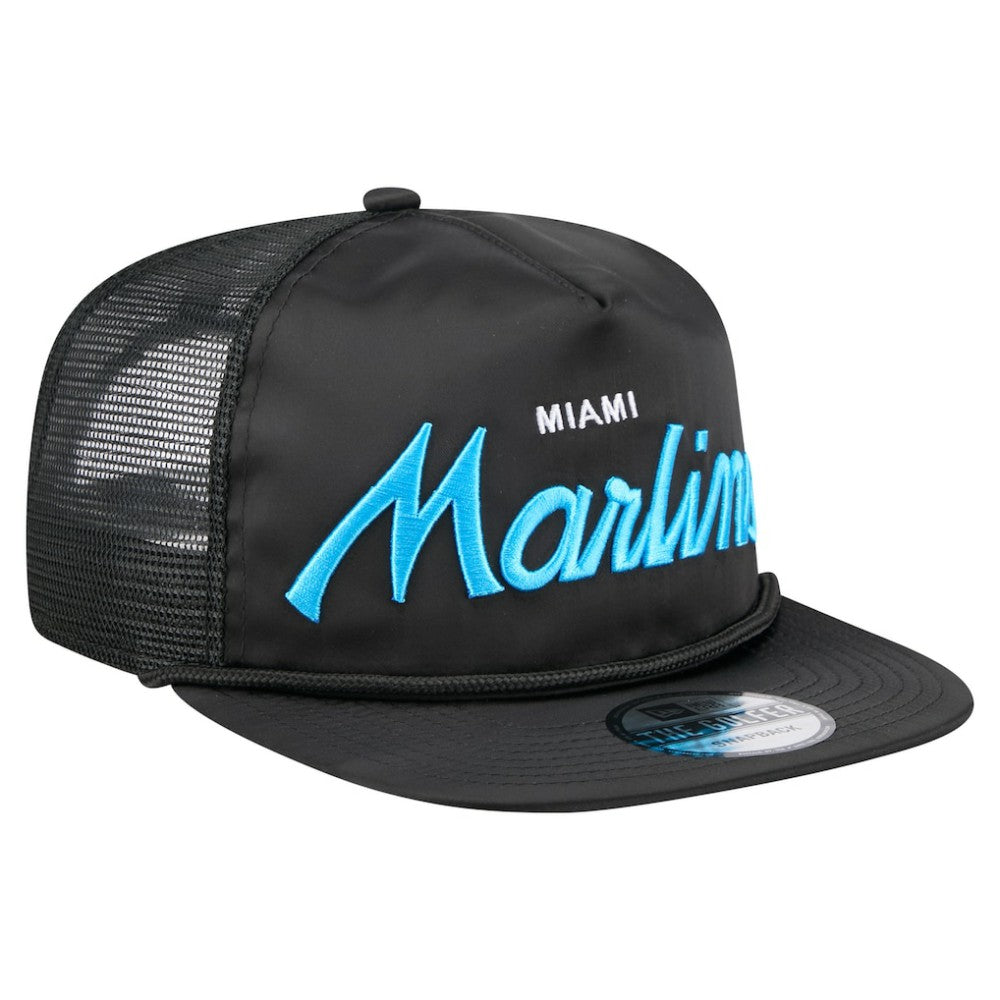 Miami Marlins Retro Satin Script Golfer Adjustable Hat Black | New Era