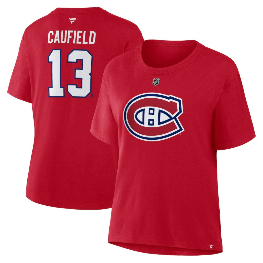 Cole Caufield Montreal Canadiens Fanatics Women's Authentic Stack Name & Number T-Shirt Red
