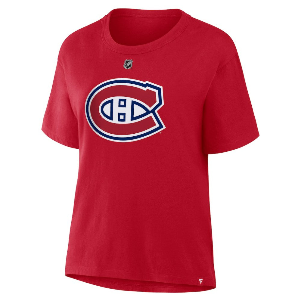 Cole Caufield Montreal Canadiens Fanatics Women's Authentic Stack Name & Number T-Shirt Red