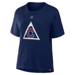 Nathan MacKinnon Colorado Avalanche Fanatics Women's Authentic Stack Name & Number T-Shirt Navy