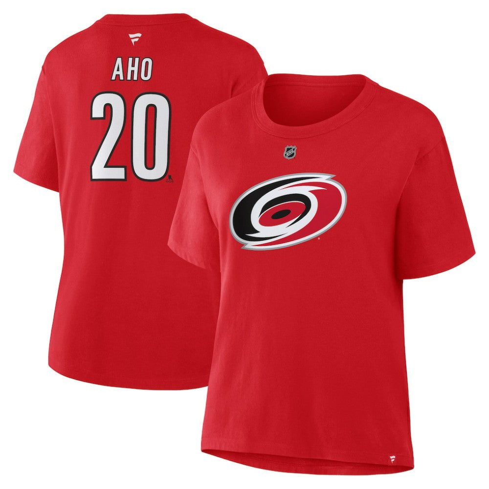 Sebastian Aho Carolina Hurricanes Fanatics Women's Authentic Stack Name & Number T-Shirt Red