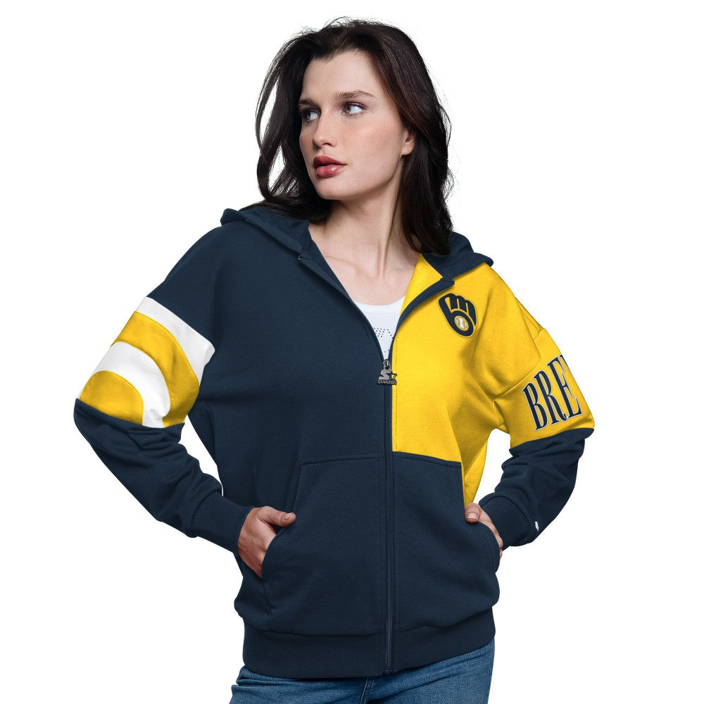 Milwaukee Brewers Starter Women's Curve Ball Full Zip Hoodie Sweatshirt Navy/Gold