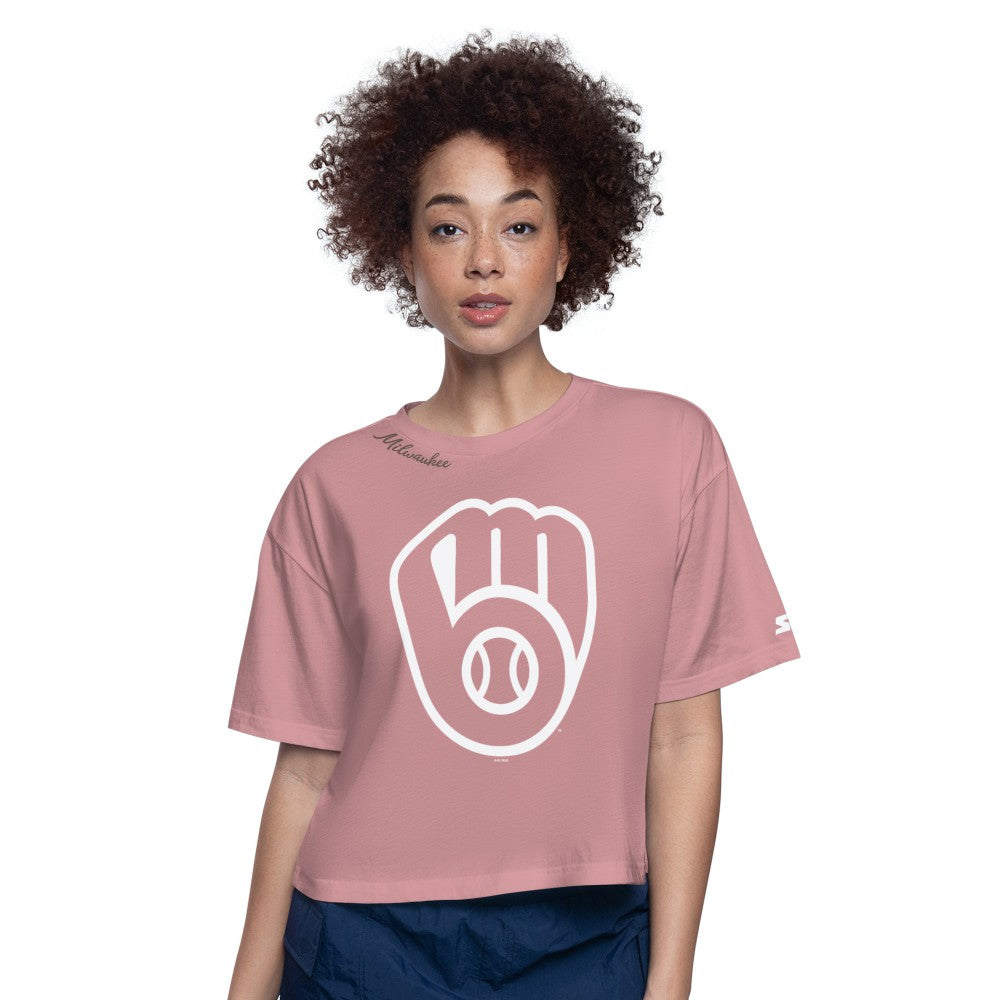 Milwaukee Brewers Starter Women's Play the Ball Boxy Cropped T-Shirt Pink