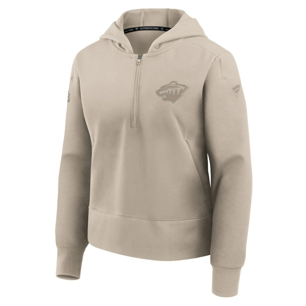 Minnesota Wild Fanatics Women's Authentic Pro Road Tri-Blend Quarter-Zip Hoodie Tan