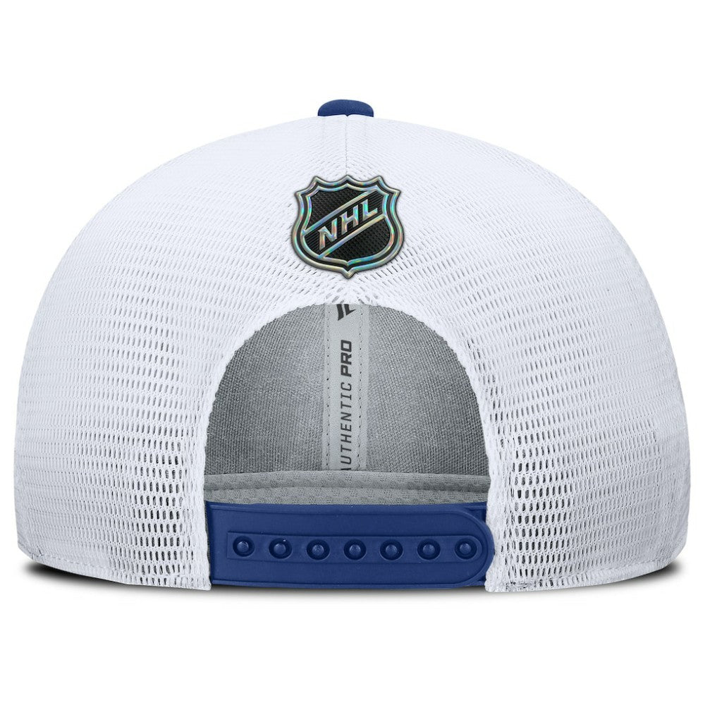 Toronto Maple Leafs Fanatics Authentic Pro Rink Lockup Adjustable Trucker Hat Blue/White