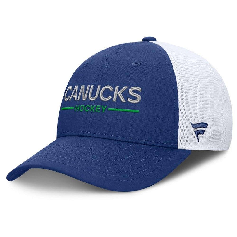 Vancouver Canucks Fanatics Authentic Pro Rink Lockup Adjustable Trucker Hat Blue/White