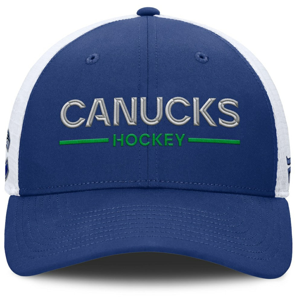 Vancouver Canucks Fanatics Authentic Pro Rink Lockup Adjustable Trucker Hat Blue/White