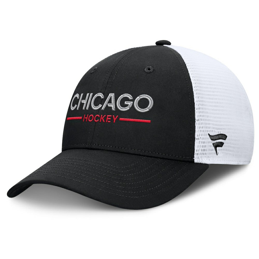 Chicago Blackhawks Fanatics Authentic Pro Rink Lockup Adjustable Trucker Hat Black/White