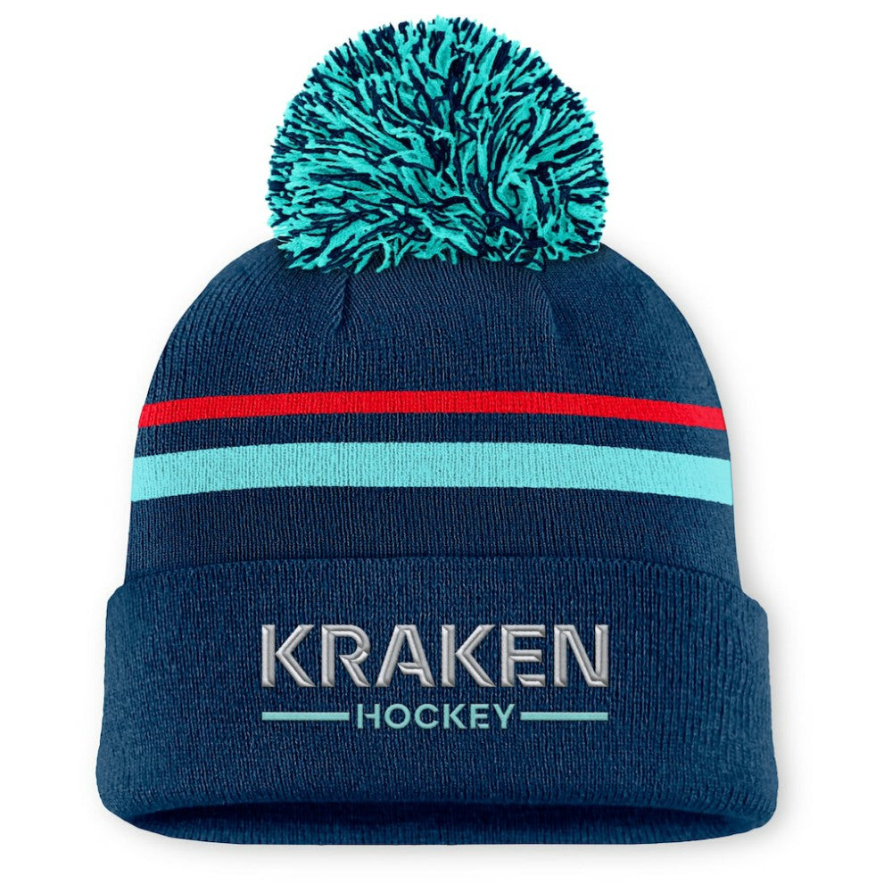 Seattle Kraken Fanatics Women's Authentic Pro Rink Cuffed Knit Hat with Pom Deep Sea Blue