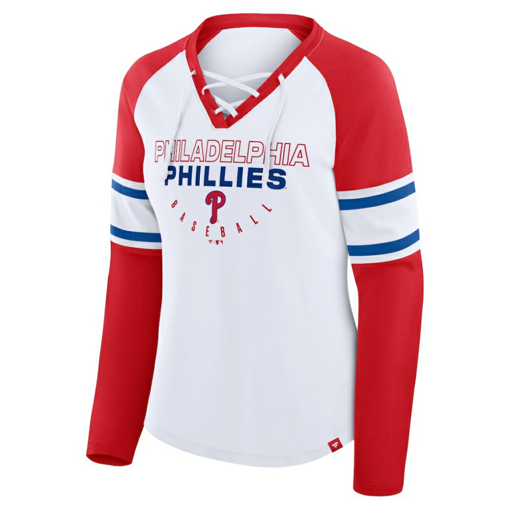 Philadelphia Phillies Women's Blitz Package Raglan Lace-Up V-Neck Long Sleeve T-Shirt White/Red