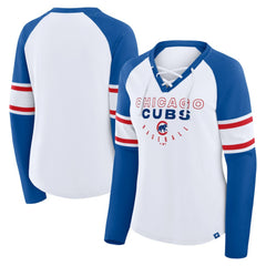 Chicago Cubs Women's Blitz Package Raglan Lace-Up V-Neck Long Sleeve T-Shirt White/Royal