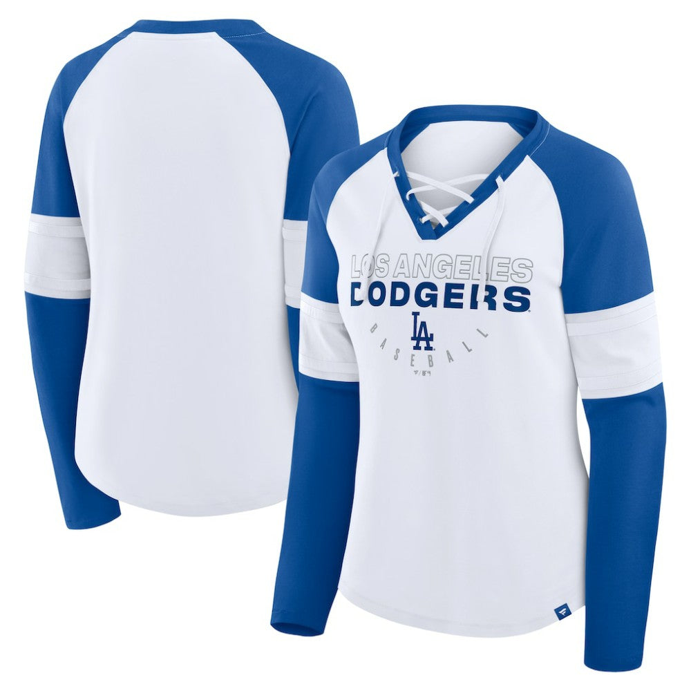 Los Angeles Dodgers Women's Blitz Package Raglan Lace-Up V-Neck Long Sleeve T-Shirt White/Royal