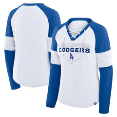 Los Angeles Dodgers Women's Blitz Package Raglan Lace-Up V-Neck Long Sleeve T-Shirt White/Royal