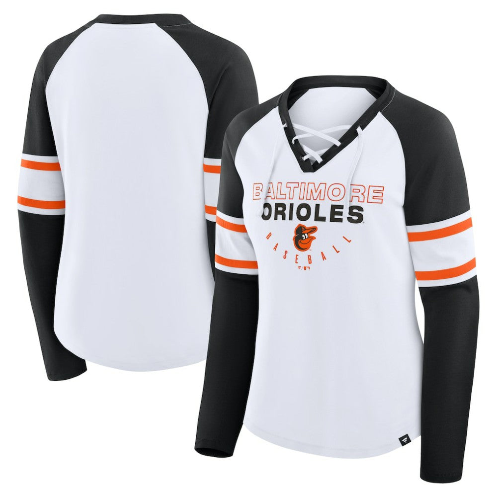 Baltimore Orioles Women's Blitz Package Raglan Lace-Up V-Neck Long Sleeve T-Shirt White/Black