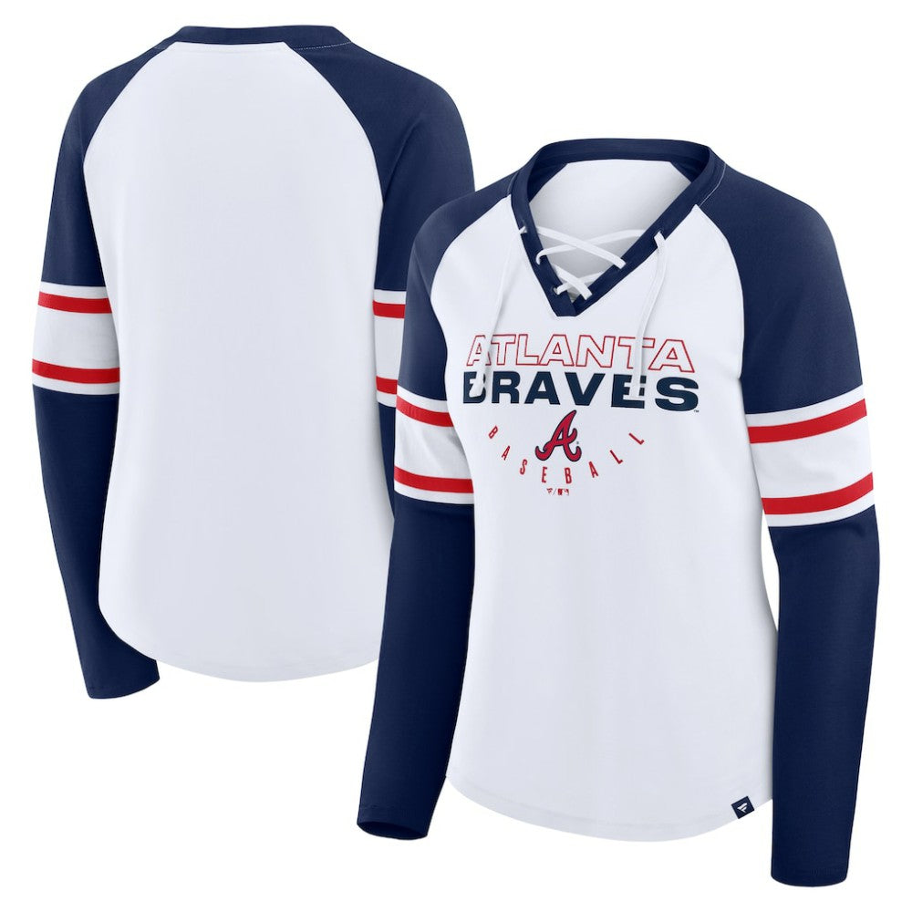 Atlanta Braves Women's Blitz Package Raglan Lace-Up V-Neck Long Sleeve T-Shirt White/Navy