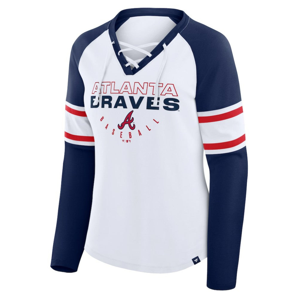 Atlanta Braves Women's Blitz Package Raglan Lace-Up V-Neck Long Sleeve T-Shirt White/Navy