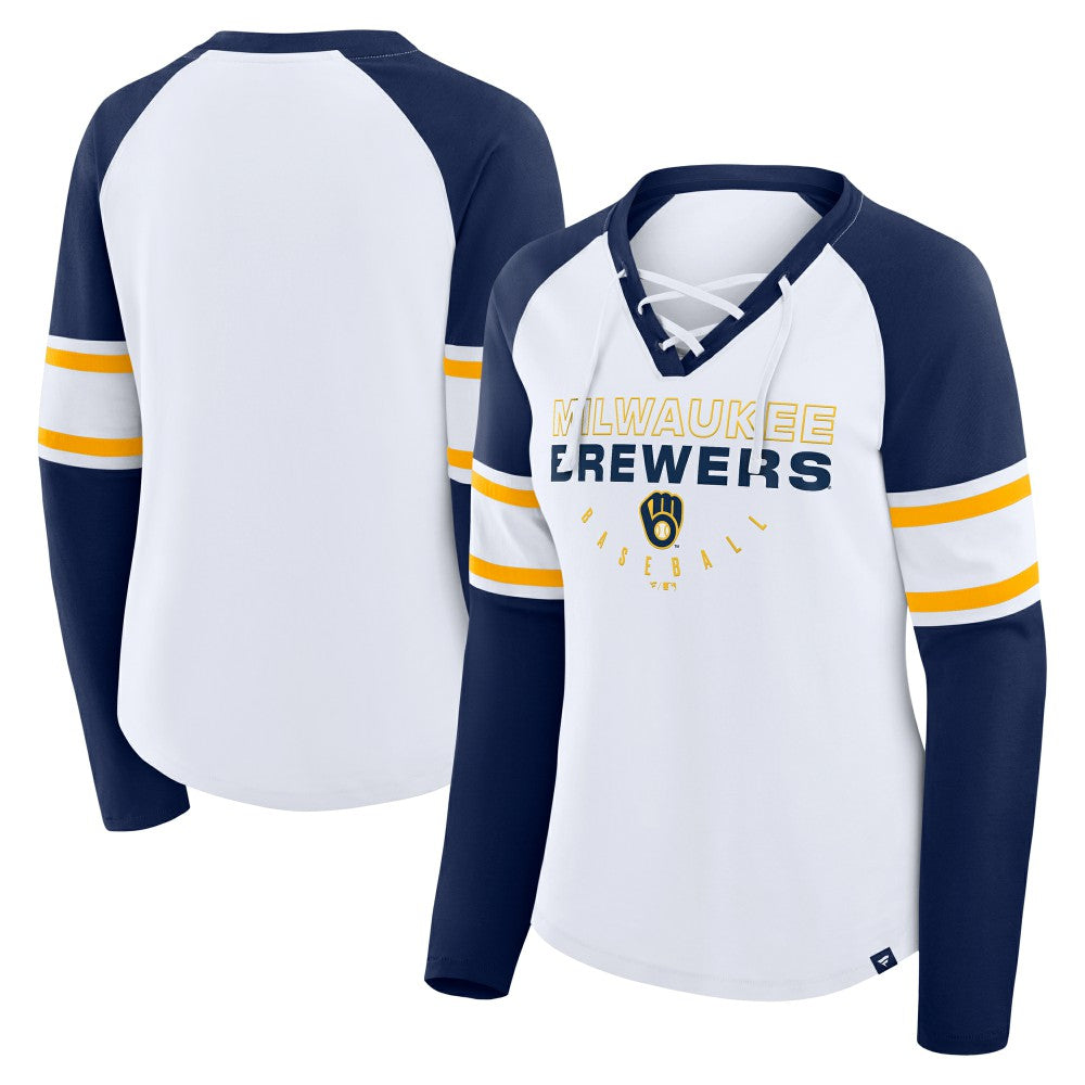 Milwaukee Brewers Women's Blitz Package Raglan Lace-Up V-Neck Long Sleeve T-Shirt White/Navy