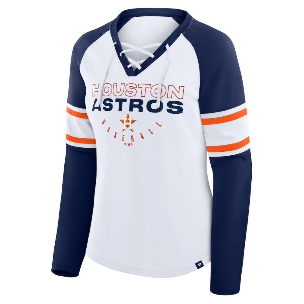 Houston Astros Women's Blitz Package Raglan Lace-Up V-Neck Long Sleeve T-Shirt White/Navy