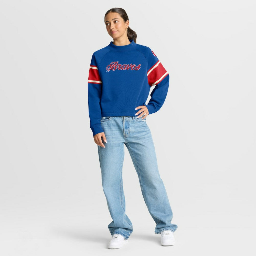 Atlanta Braves Women's Oversized Toss Sweep Raglan Pullover Sweatshirt Royal