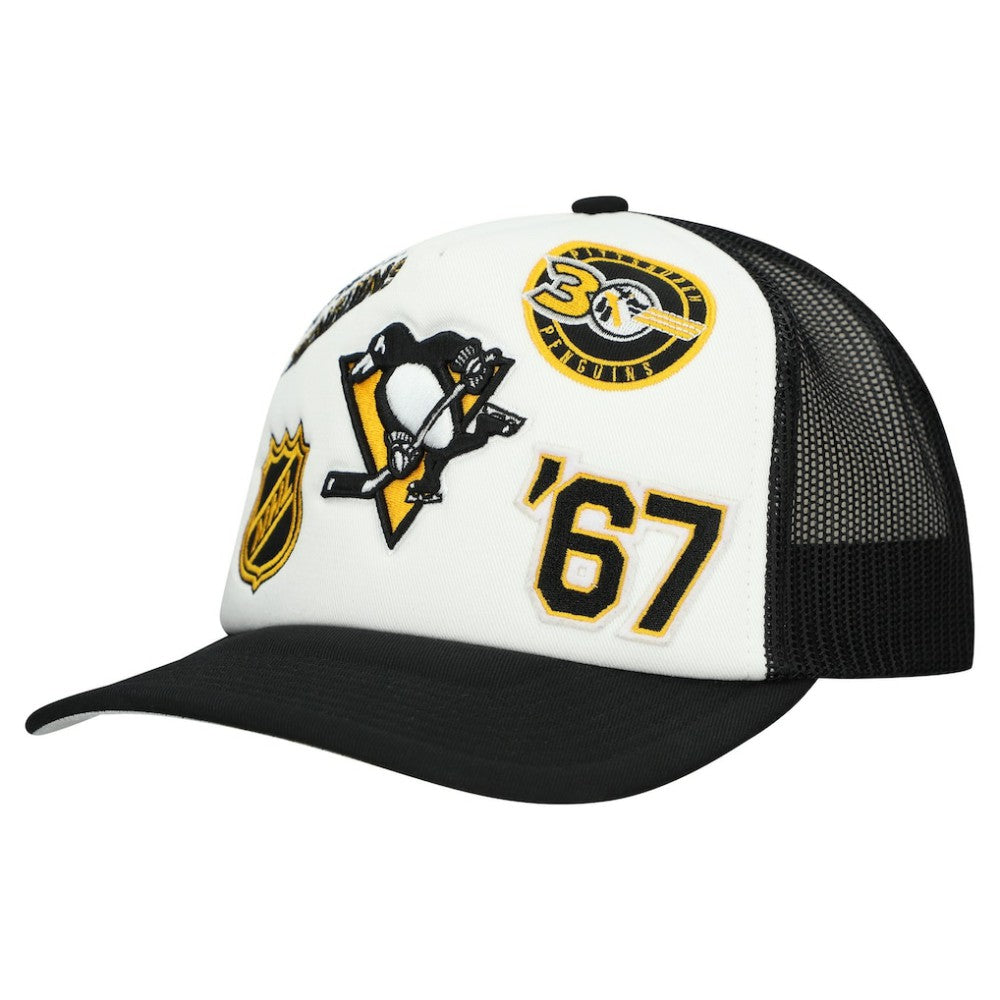 Pittsburgh Penguins Mitchell & Ness Gridlock Trucker Adjustable Hat White/Black