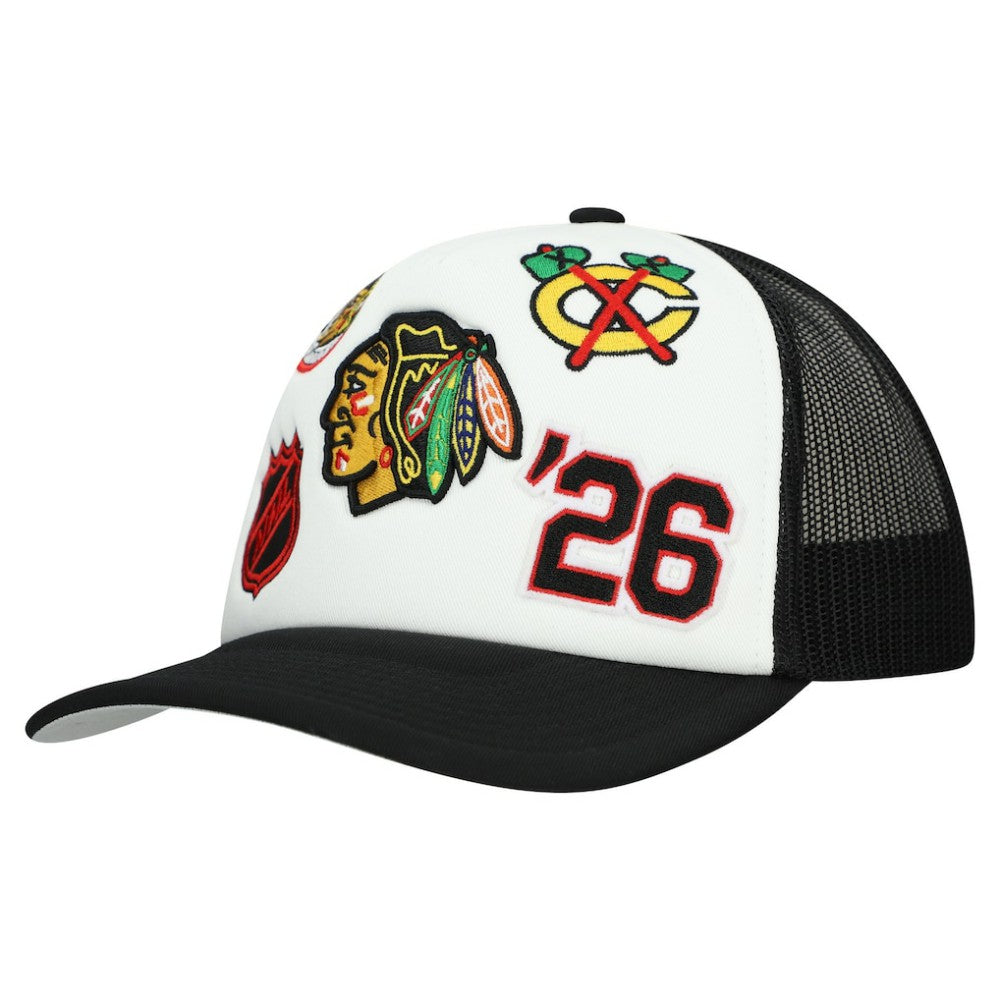 Chicago Blackhawks Mitchell & Ness Gridlock Trucker Adjustable Hat White/Black
