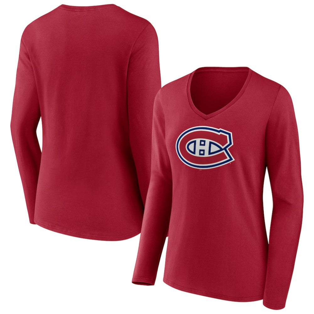 Montreal Canadiens Women's Primary Logo Long Sleeve V-Neck T-Shirt Red