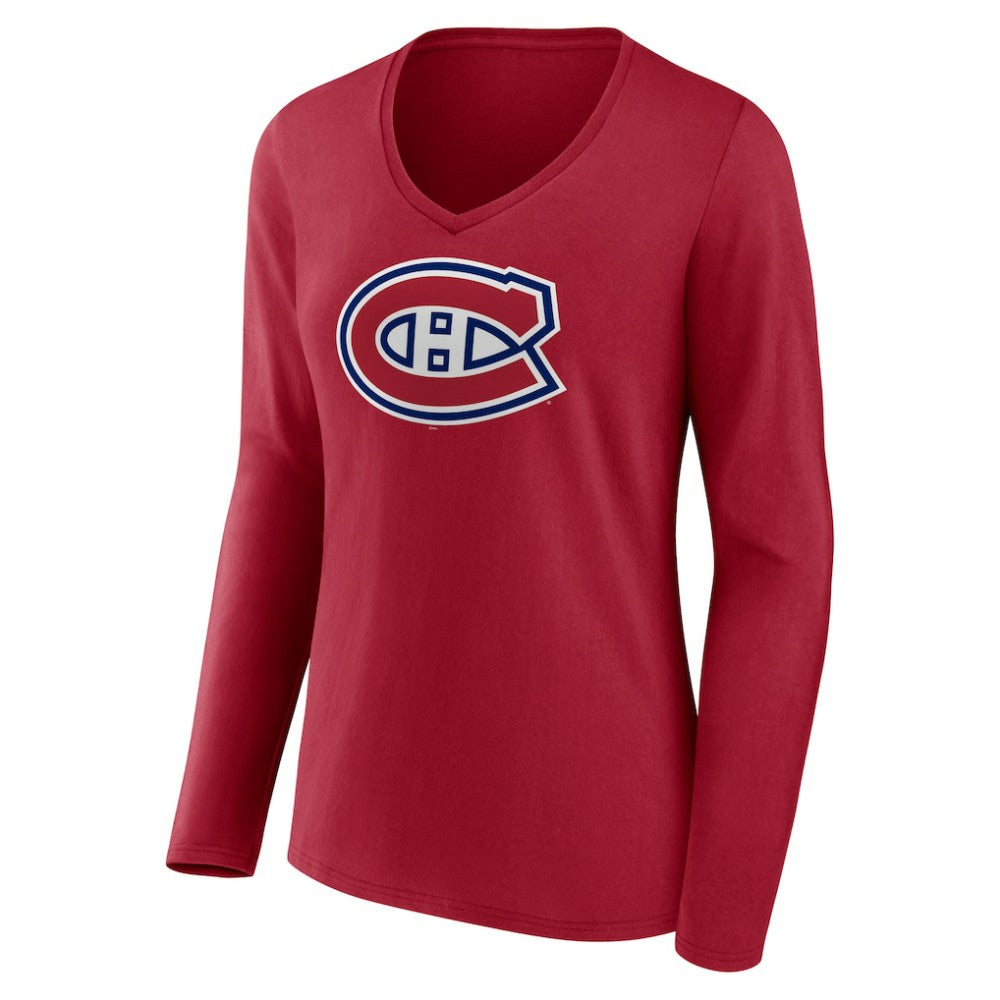 Montreal Canadiens Women's Primary Logo Long Sleeve V-Neck T-Shirt Red