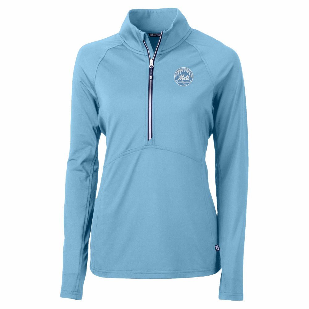 New York Mets Cutter & Buck Women's Raglan Adapt Eco Knit Stretch Recycled Half-Zip Top Powder Blue
