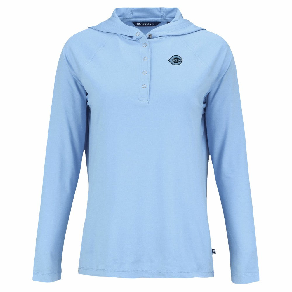 Cincinnati Reds Cutter & Buck Women's Coastline Epic Comfort Eco Recycled Long Sleeve Hoodie T-Shirt Powder Blue