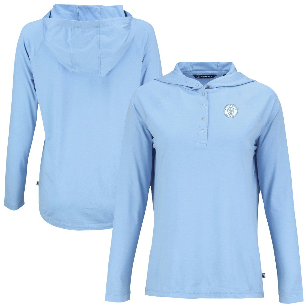Milwaukee Brewers Cutter & Buck Women's Coastline Epic Comfort Eco Recycled Long Sleeve Hoodie T-Shirt Powder Blue