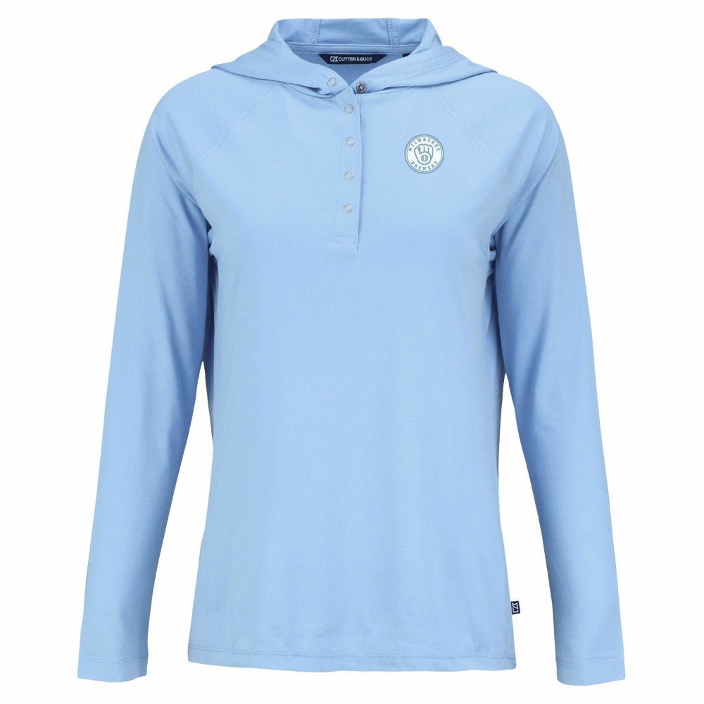 Milwaukee Brewers Cutter & Buck Women's Coastline Epic Comfort Eco Recycled Long Sleeve Hoodie T-Shirt Powder Blue