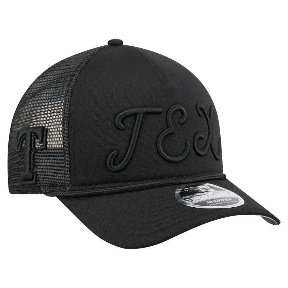 Texas Rangers City Initial 9FORTY A-Frame M-Crown Adjustable Trucker Hat Black | New Era