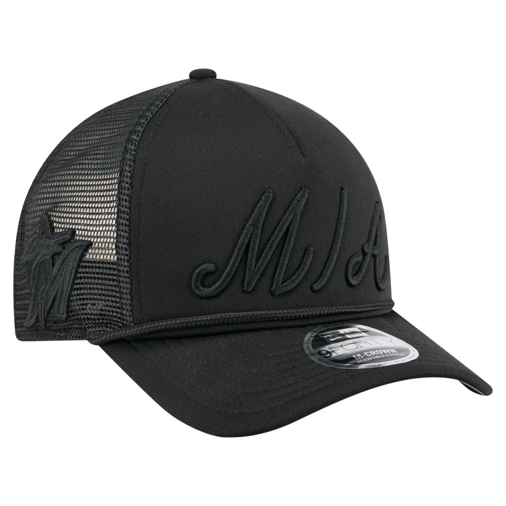 Miami Marlins City Initial 9FORTY A-Frame M-Crown Adjustable Trucker Hat Black | New Era