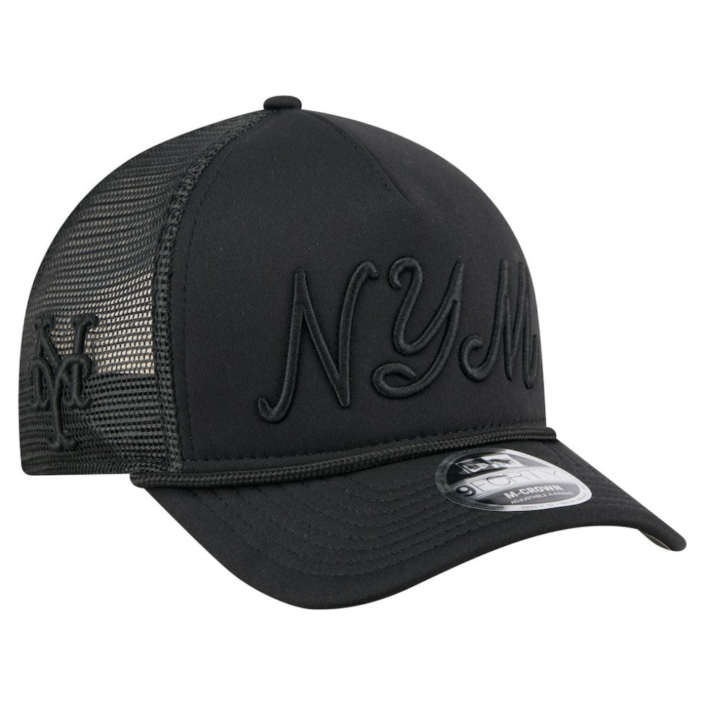 New York Mets City Initial 9FORTY A-Frame M-Crown Adjustable Trucker Hat Black | New Era
