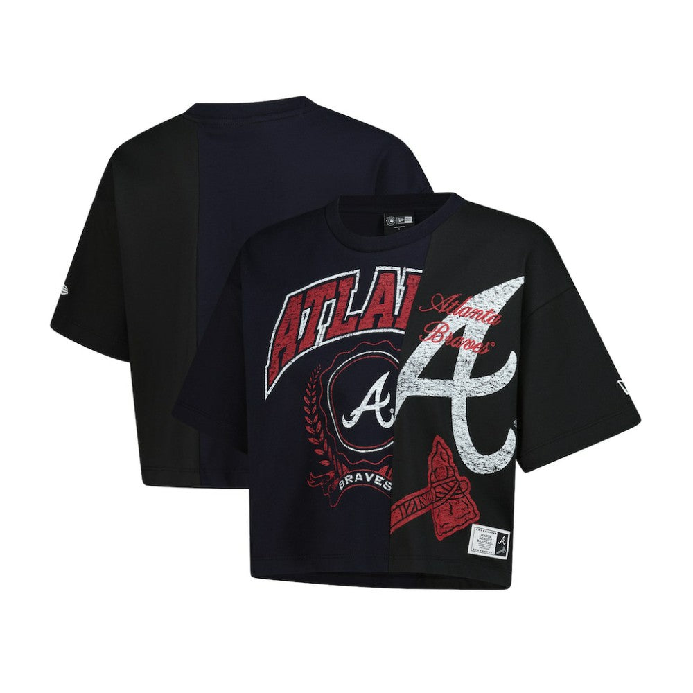 Atlanta Braves Women's Upcycled Colorblocked Boxy Cropped T-Shirt Navy | New Era