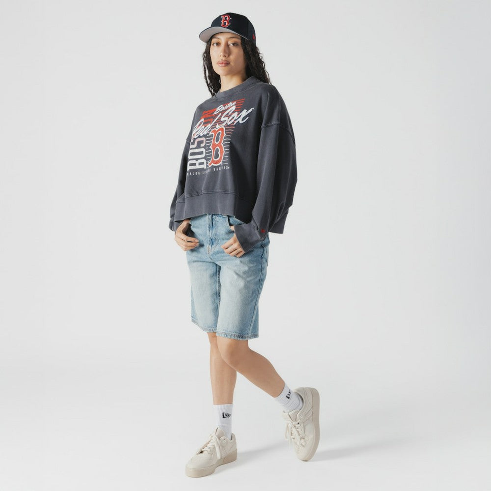 Boston Red Sox Women's Boxy Mineral Wash Dolmen Sleeve Cropped Sweatshirt Navy | New Era