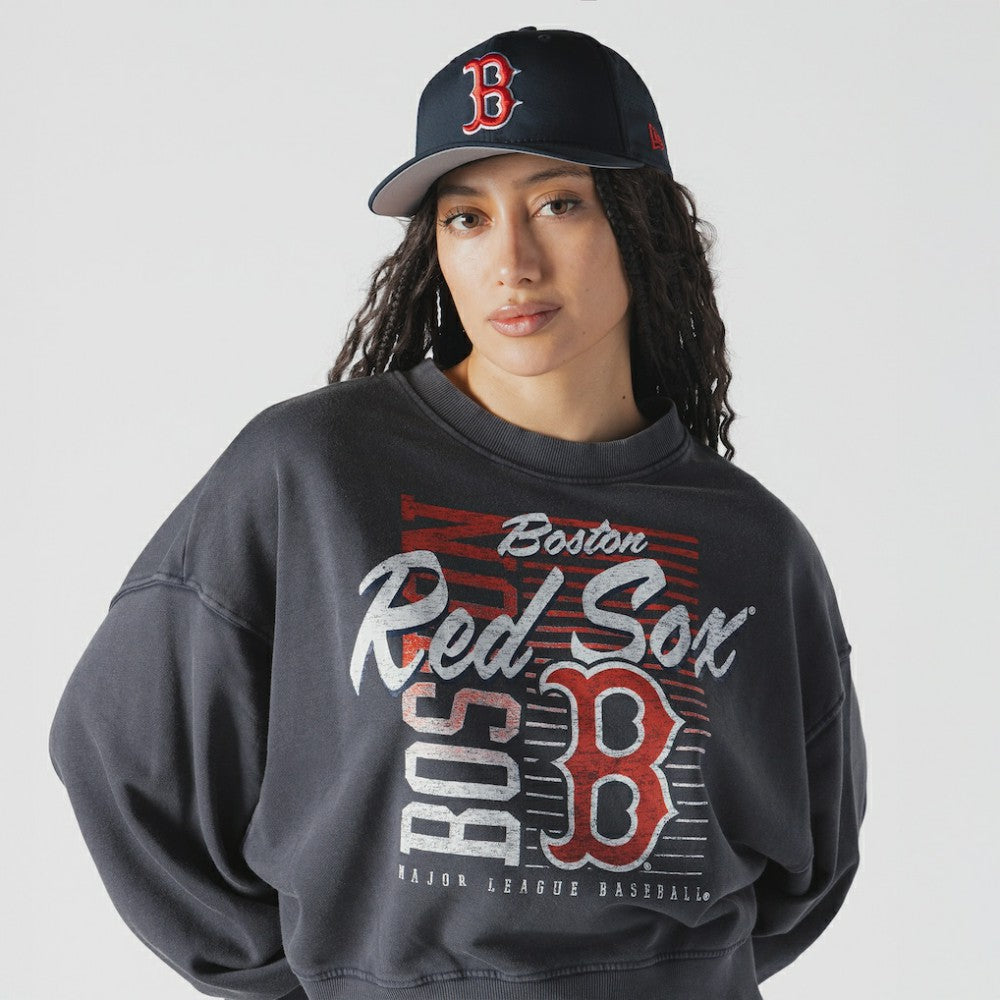 Boston Red Sox Women's Boxy Mineral Wash Dolmen Sleeve Cropped Sweatshirt Navy | New Era