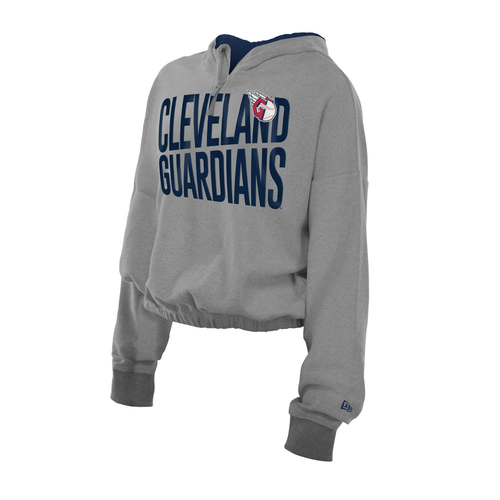 Cleveland Guardians Women's Reversed Out French Terry Quarter-Zip Banded Crop Hoodie Heather Gray | New Era