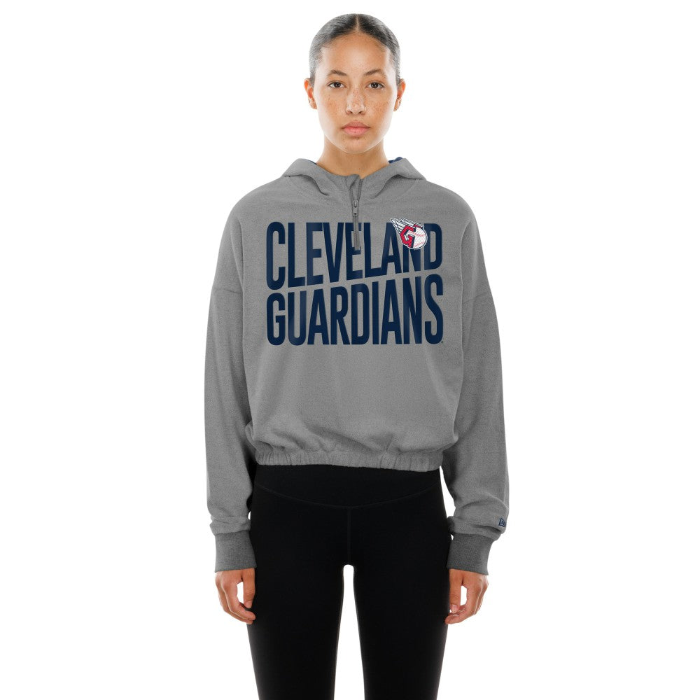 Cleveland Guardians Women's Reversed Out French Terry Quarter-Zip Banded Crop Hoodie Heather Gray | New Era
