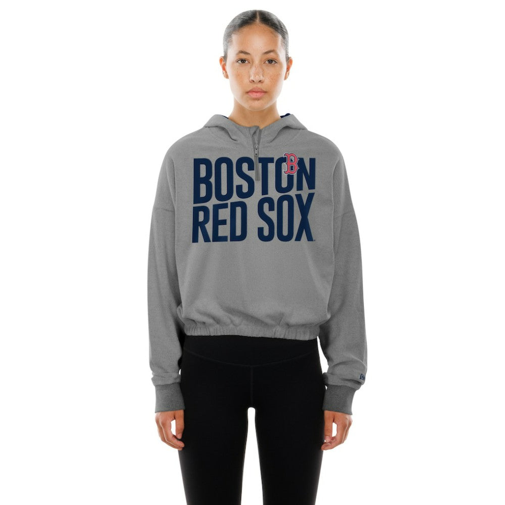 Boston Red Sox Women's Reversed Out French Terry Quarter-Zip Banded Crop Hoodie Heather Gray | New Era