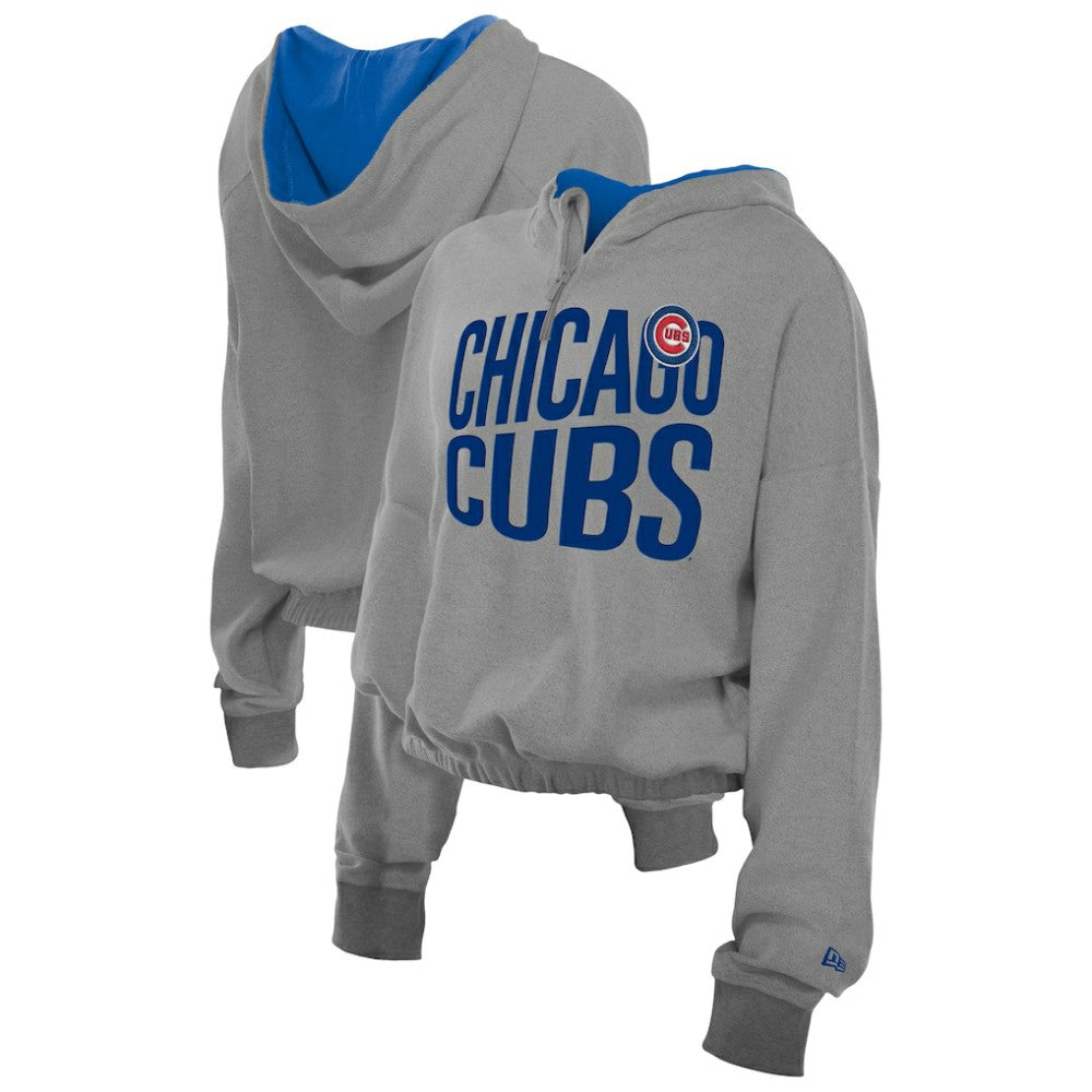 Chicago Cubs Women's Reversed Out French Terry Quarter-Zip Banded Crop Hoodie Heather Gray | New Era