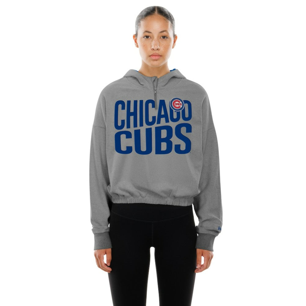 Chicago Cubs Women's Reversed Out French Terry Quarter-Zip Banded Crop Hoodie Heather Gray | New Era