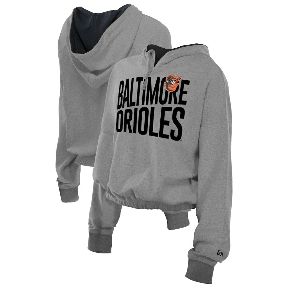 Baltimore Orioles Women's Reversed Out French Terry Quarter-Zip Banded Crop Hoodie Heather Gray | New Era