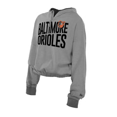 Baltimore Orioles Women's Reversed Out French Terry Quarter-Zip Banded Crop Hoodie Heather Gray | New Era