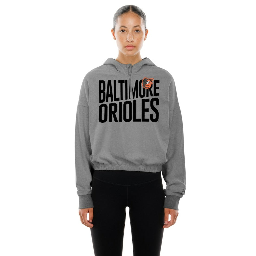 Baltimore Orioles Women's Reversed Out French Terry Quarter-Zip Banded Crop Hoodie Heather Gray | New Era